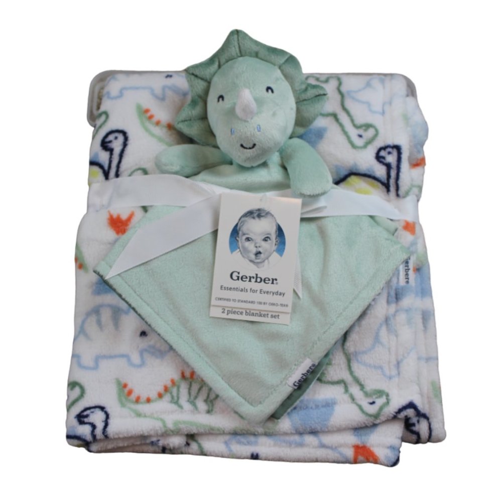 Gerber Dinosaur Dino Baby Blanket Security Lovey Set Green White Fleece NWT RARE